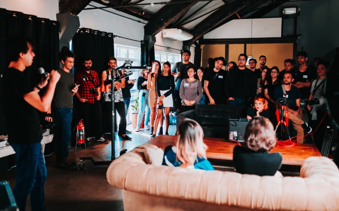 group of people standing inside room